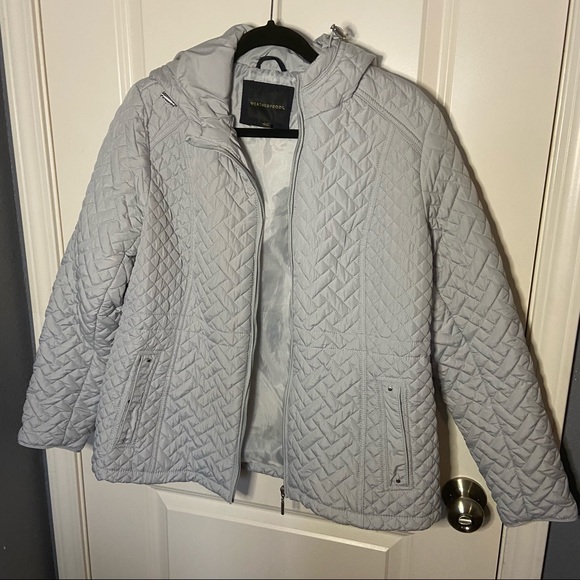 Weatherproof Light Gray Quilted Hooded Jacket L | Zip Front Warm Outerwear - Picture 11 of 13